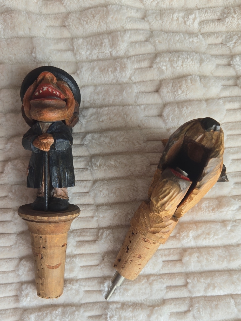 Vintage Hand Carved Wood And Cork Bottle Stoppers
